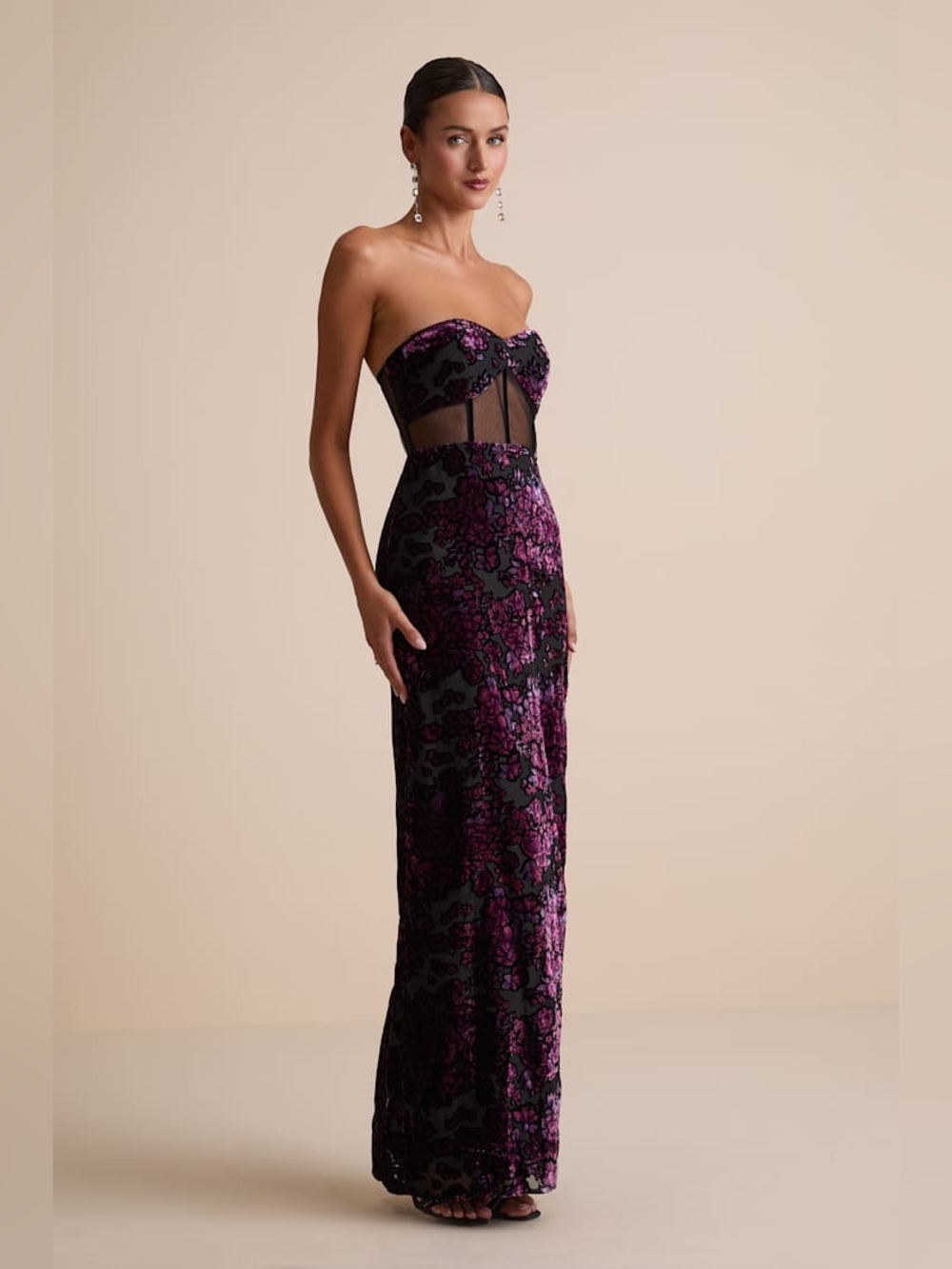 NWT Lulu’s Breathtaking View Black Mesh Burnout Velvet Strapless Maxi Dress S